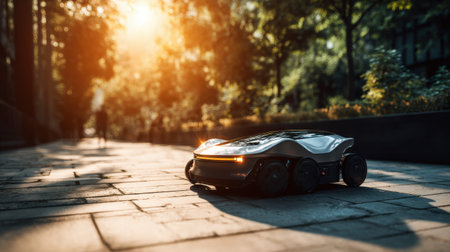 A sleek autonomous robot vehicle glides along a sun-kissed urban pathway, surrounded by lush greenery and vibrant city life, showcasing future mobility.の素材