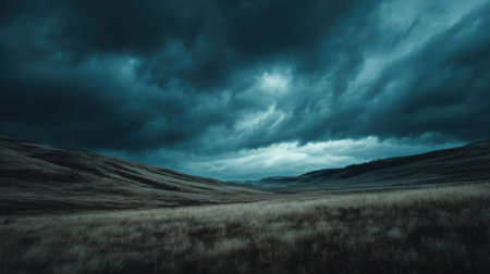 A stunning view of an open landscape under an impressive dark sky, showcasing dramatic cloud formations and serene rolling hills at twilight.の素材