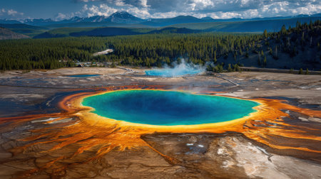 Discover the breathtaking beauty of vibrant hot springs in Yellowstone National Park, showcasing stunning mineral deposits and surrounding mountains.の素材