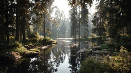 A tranquil forest scene featuring a calm river surrounded by lush greenery and tall trees. Sunlight filters through the branches, creating a peaceful and serene atmosphere, perfect for nature lovers and outdoor enthusiasts.の素材