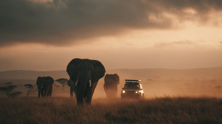 A serene scene of elephants crossing the African savanna at dusk, with a jeep in the background, highlighting the beauty of wildlife and nature.の素材