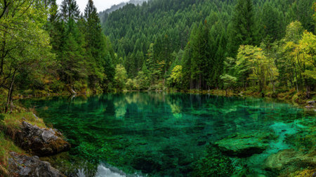 Discover the beauty of a serene mountain lake, surrounded by lush greenery and towering trees, reflecting the tranquil blue water under an overcast sky.の素材