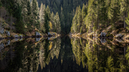 Experience tranquil beauty in this serene mountain lake scene. The still waters create a mirror-like reflection of lush evergreen trees, highlighting nature's harmony.の素材