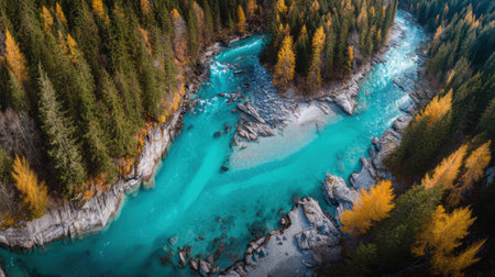 Explore a stunning aerial view of a clear river winding through a lush forest in autumn colors, creating a serene and vibrant natural landscape.の素材