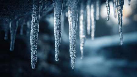 A captivating close-up image showing icicles hanging from a frozen surface. The cool tones and intricate details create a serene winter atmosphere.の素材