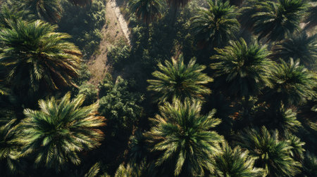 Aerial view showing vibrant tropical palm trees and lush greenery, creating a serene and picturesque nature landscape in a sunny setting.の素材