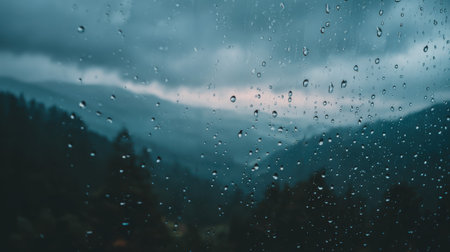 A tranquil scene showcasing water drops on glass with a misty mountain landscape and an overcast sky, evoking serenity and calmness.の素材