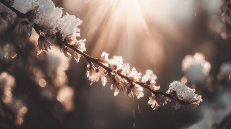A close-up view of snow-covered flowers on a branch catches the soft rays of sunlight, creating a serene winter landscape with beautiful bokeh effect.の素材