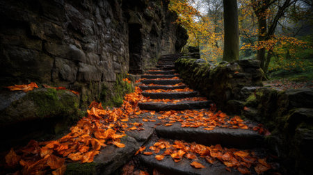 A serene autumn pathway leads through a charming forest, lined with stone steps and vibrant fallen leaves, evoking tranquility and beauty.の素材