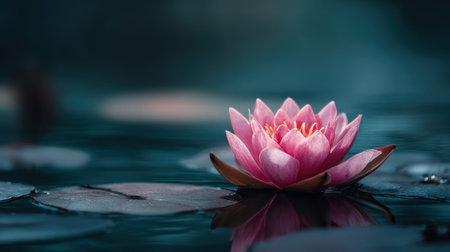This stunning close-up features a pink lotus flower gracefully blooming on calm water, with gentle reflections on the serene surface, enhancing the tranquil atmosphere.の素材