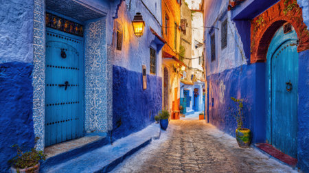 Explore a picturesque alleyway in a Moroccan village, featuring stunning blue walls, traditional architecture, and colorful doors bathed in warm light.の素材