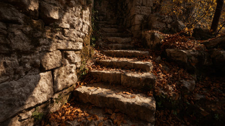 Discover the beauty of stone steps enveloped in vibrant autumn leaves, leading through an ancient ruin, with warm sunlight creating a tranquil scene.の素材