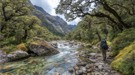 Discover a stunning hiking trail nestled in a lush forest, showcasing a serene river and breathtaking mountains in the New Zealand wilderness.の素材