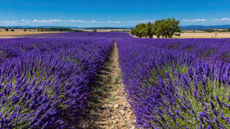 Experience the beauty of a vast lavender field under a clear blue sky, showcasing vibrant purple flowers and a serene rural landscape.の素材