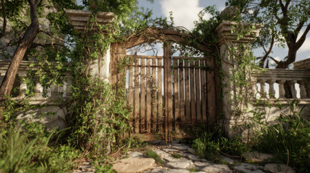 A charming abandoned gate enveloped by vibrant greenery and creeping vines creates a tranquil atmosphere in this serene outdoor scene.の素材