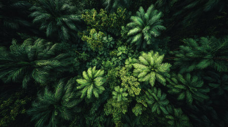 Experience a stunning aerial view of a dense tropical forest showcasing an array of vibrant green foliage and diverse plant life.の素材