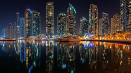 Experience a breathtaking night view of a modern urban skyline reflected on calm waters, showcasing vibrant lights and architectural beauty.の素材