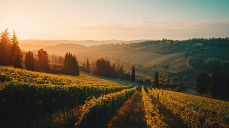 Experience the tranquil beauty of a Tuscan vineyard at sunrise, where lush green rows of grapes stretch over rolling hills bathed in golden light.の素材