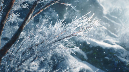 A beautiful close-up of frost-covered branches glimmering in sunlight, surrounded by a snowy landscape that evokes a sense of winter tranquility.の素材