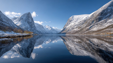 Experience a breathtaking mountain landscape featuring snow-capped peaks mirrored in a tranquil lake, capturing the beauty of nature and serenity.の素材