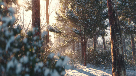A serene winter forest scene showcasing trees covered in snow, illuminated by soft sunlight filtering through the branches, capturing tranquil beauty.の素材
