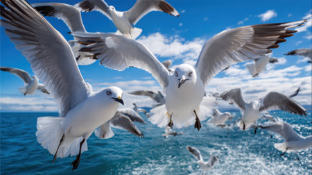 A stunning scene captures a flock of seagulls soaring above the shimmering ocean waves, framed by a bright blue sky and fluffy clouds.の素材