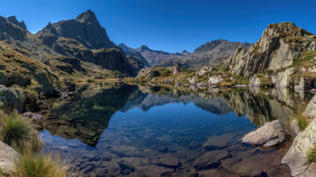 A breathtaking view of a serene mountain landscape showing calm waters that perfectly reflect the surrounding peaks under a clear sky.の素材