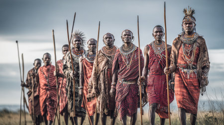 A group of traditional Maasai warriors walks confidently across the African savannah, showcasing their vibrant attire and cultural heritage.の素材