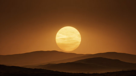 A breathtaking sunset casts a warm orange glow over rolling hills, creating a serene scene that embodies tranquility and natural beauty.の素材