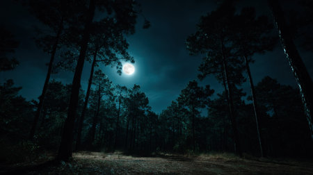 A captivating night scene of a forest under the bright moonlight, showcasing tall trees silhouetted against the dark sky, presenting tranquility.の素材