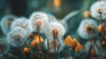 A stunning close-up of dandelion seeds illuminated by soft light, set against a colorful background of green and orange hues, inviting tranquility.の素材