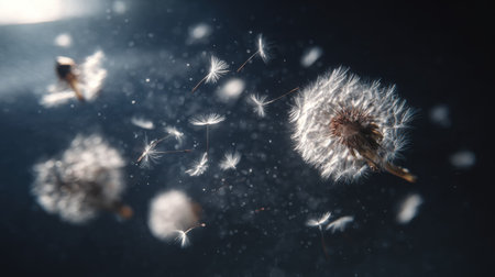 This captivating image showcases dandelion seeds delicately floating through the air, embodying the essence of nature's fleeting beauty and tranquility.の素材