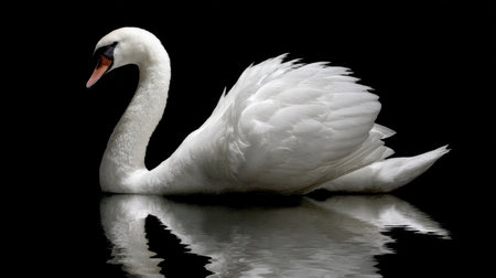 A stunning white swan glides effortlessly on a dark water surface, reflecting its elegance and beauty, embodying tranquility in nature.の素材