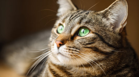 This beautiful tabby cat captivates with its vibrant green eyes and serene expression, enveloped in soft, warm lighting that emphasizes its elegance.の素材