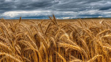 A stunning view of a golden wheat field under a dramatic sky with stormy clouds, capturing the essence of growth and harvest in rural landscapes.の素材