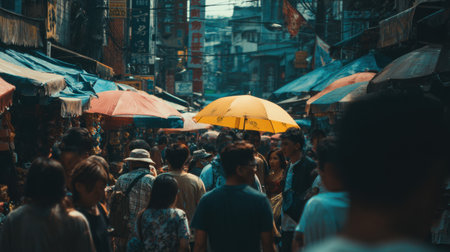 A lively street market showcasing a diverse crowd enjoying a sunny day, colorful umbrellas brighten the scene, creating a warm, inviting atmosphere.の素材