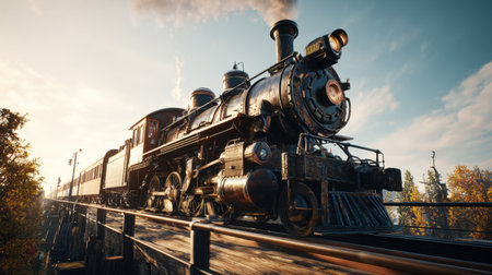 A majestic vintage steam locomotive crosses an old wooden bridge, surrounded by a picturesque landscape of trees and clear skies.の素材