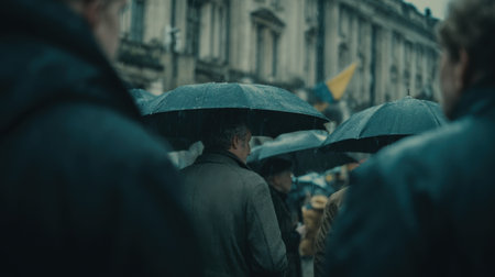 A group of individuals holding umbrellas strolls through a busy city street on a rainy day, embodying the essence of urban life amid melancholic weather.の素材