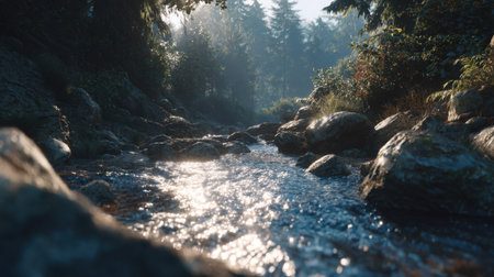 A peaceful stream gently flows through a lush forest, illuminated by soft morning sunlight and enveloped in delicate mist, creating a tranquil scene.の素材
