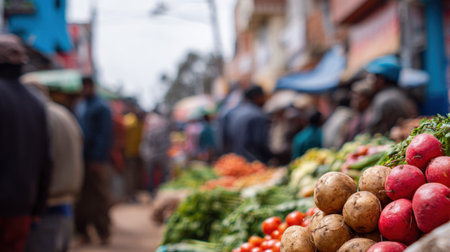 Explore the vibrant atmosphere of a market filled with fresh vegetables and root crops. The blurred background showcases community engagement and lively trade.の素材