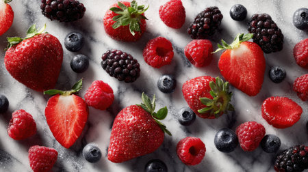 A stunning collection of fresh berries including strawberries, raspberries, blueberries, and blackberries on a marble surface, ideal for healthy recipes.の素材
