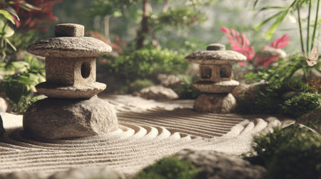 Discover a serene Japanese garden featuring stone lanterns amidst lush greenery and meticulously raked sand patterns, promoting tranquility and harmony.の素材