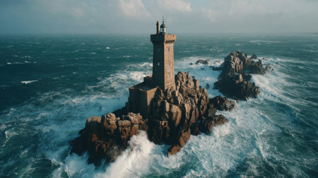 A breathtaking aerial shot capturing a solitary lighthouse standing on a rocky island. The lighthouse is surrounded by tumultuous ocean waves and dramatic skies, evoking a sense of adventure and resilience in the face of nature's power.の素材
