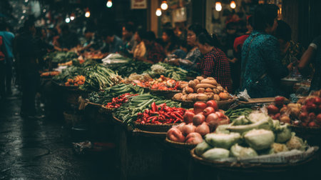 A lively urban marketplace bustling with shoppers surrounded by colorful displays of fresh vegetables and fruits, showcasing vibrant local culture.の素材