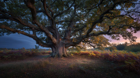 A stunning view of a majestic tree with abundant branches and vibrant foliage, set in a serene field during sunset with a warm glow.の素材