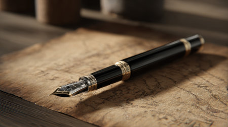 This stunning image features an elegant fountain pen with a detailed nib, beautifully placed on aged parchment, creating a perfect setting for writing and creativity.の素材