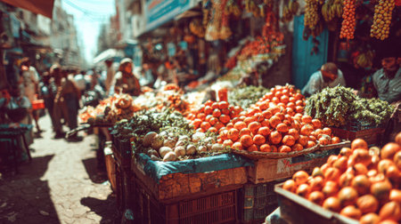 A lively market scene filled with an array of fresh fruits and vegetables, showcasing the vibrant atmosphere and community spirit of urban shopping.の素材