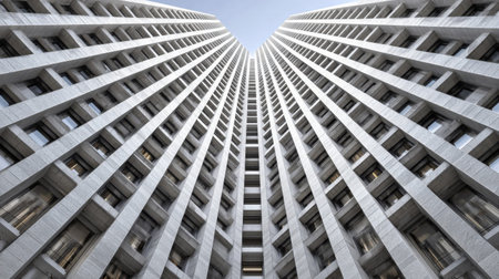 This striking image captures a unique upward view of a modern skyscraper, highlighting its architectural symmetry and design. The clean lines and geometric shapes evoke a sense of height and openness in an urban environment.の素材