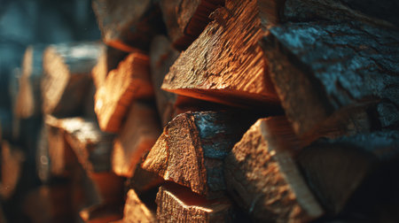 This close-up image features stacked firewood logs, showcasing their textured bark and warm glow, creating a cozy and inviting atmosphere.の素材