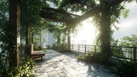 This image showcases a tranquil urban garden space featuring lush greenery and soft sunlight filtering through leaves, creating an inviting atmosphere.の素材
